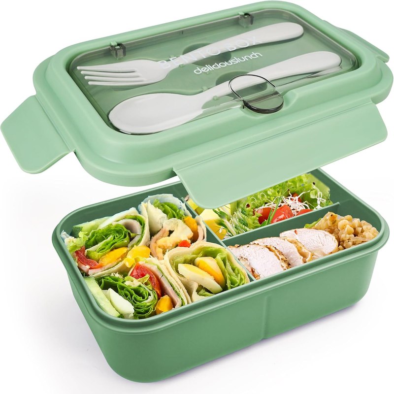 Fanhaw 40 Oz/5 Cup Bento Box for Kids, Men and Women, Lunch Box with 3 Compartments, Utensil, Microwave & Dishwasher Safe (Green)