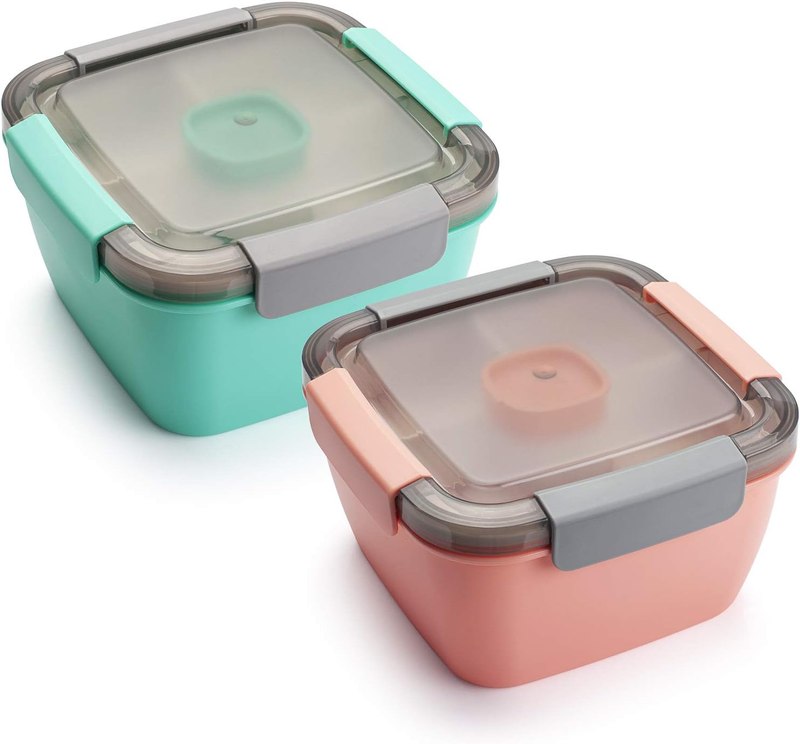 Salad Lunch Container To Go, 2 Packs 52-oz Salad Bowls to go for lunch | Salad container for lunch with 3 Compartments and Salad Dressings Container for Salad Toppings, Snacks, Fruit