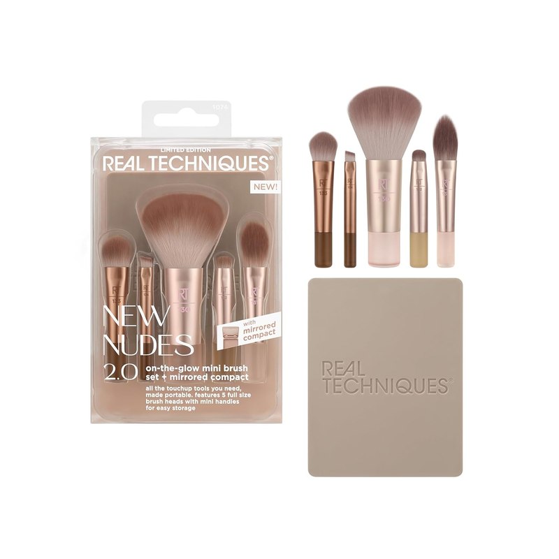 Real Techniques New Nudes On the Glow Mini Brush Kit, Compact Mirror | Easy touch-ups anywhere with a mini makeup brush set with compact mirror, travel makeup brushes and liquid cream powder