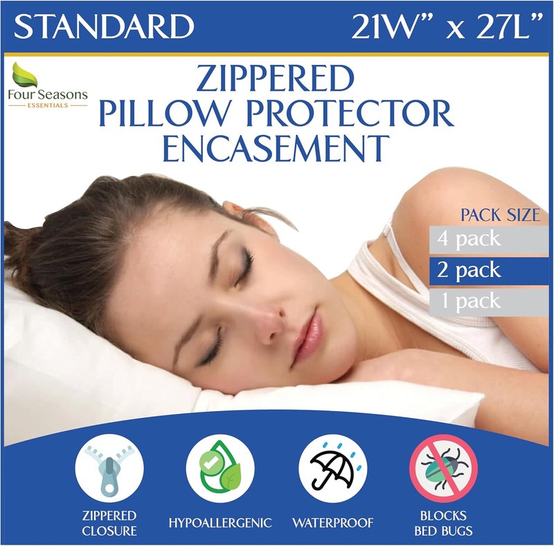Four Seasons Essentials Standard Pillow Protectors (Set of 2) – Zippered Waterproof Pillow Covers Hypoallergenic Dust Proof Pillowcase Encasement Cover