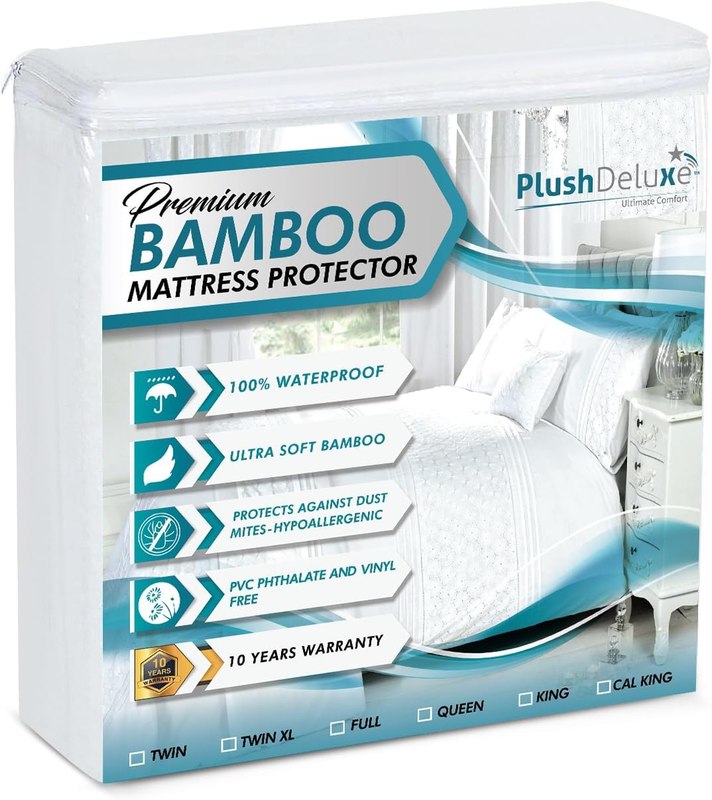 PlushDeluxe Bamboo Waterproof Mattress Protector, Queen Size, Ultra Soft
