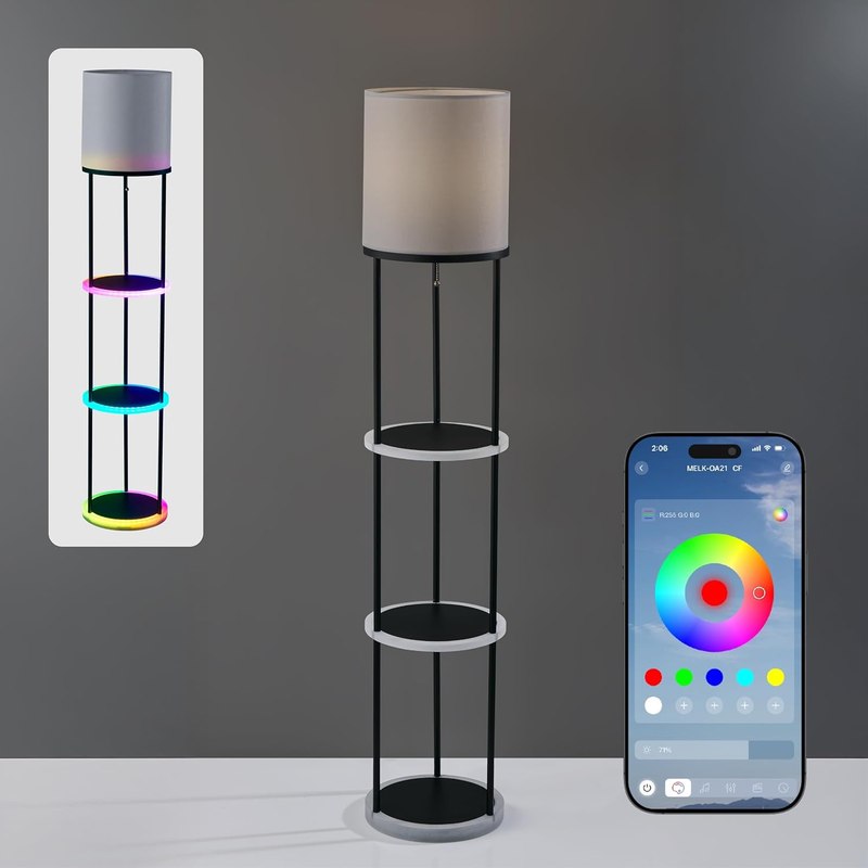 Adesso Smart Floor Shelf Lamp - Three Shelves for Modern Home Decor, Linen Drum Shade, App