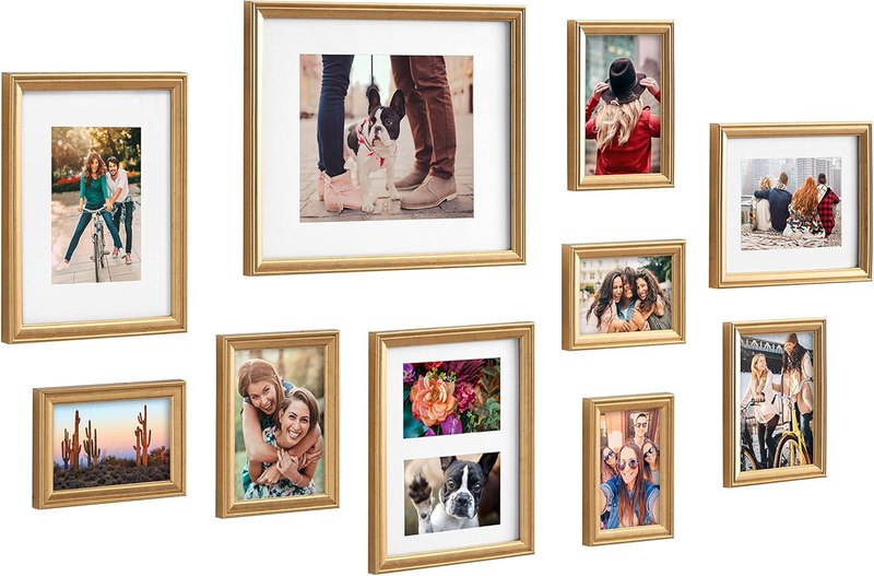 Kate and Laurel Adlynn Photo Frame Set, Set of 10, Varying Sizes, Gold, Traditional Glam Frame Collection for Wall