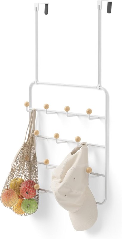 Umbra Estique Coat Rack, Over the Door Wall Hooks, 14 Hook, White/Natural | Steel, snag-free wooden pegs, fits doors to 1.6 inch, power coated finish