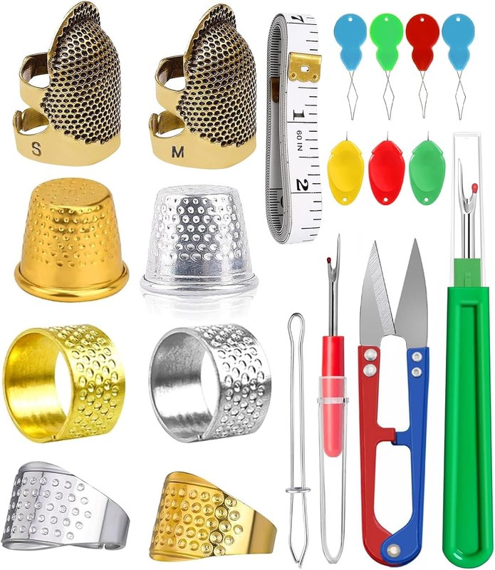 CousDUoBe 20 Pcs Sewing Thimble Kit,thimbles for Hand Sewing，Needle threaders，Seam Rippers for Sewing，Measuring Tape and Thread Snips, Hand Embroidery Craft（Complete Sewing Kit）