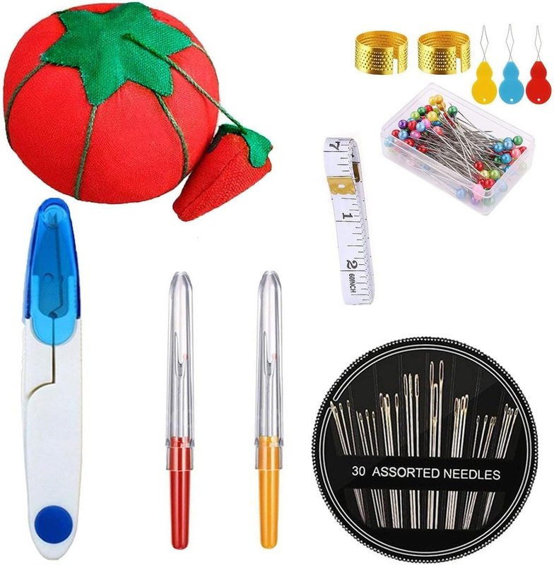 Sewing Tool Kit for Domestic Sewing - Includes Tomato Pin Cushion, Sewing Scissor, Ball Head Pins,Sewing Needle, Gourd Shaped Needle Threader, Sewing Thimble, Seam Ripper and Soft Tape Included