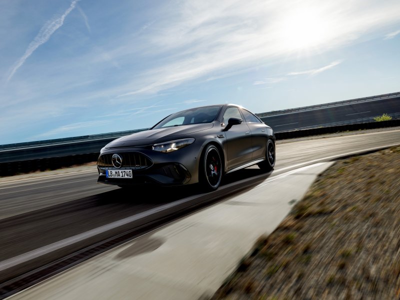 Front three-quarter view of the Mercedes-AMG GT 63 4-Door Coupe on a track.