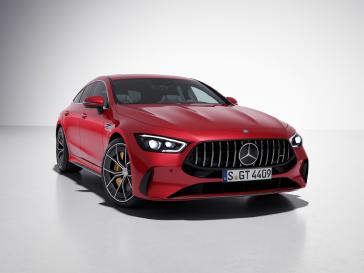 Front three-quarter studio view of the Mercedes-AMG GT 4-Door Coupe.