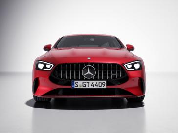 Front-on studio view of the Mercedes-AMG GT 4-Door Coupe.