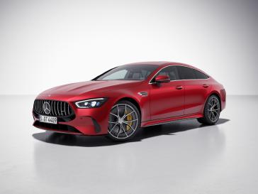 Front three-quarter studio view of the Mercedes-AMG GT 4-Door Coupe, alternate angle.