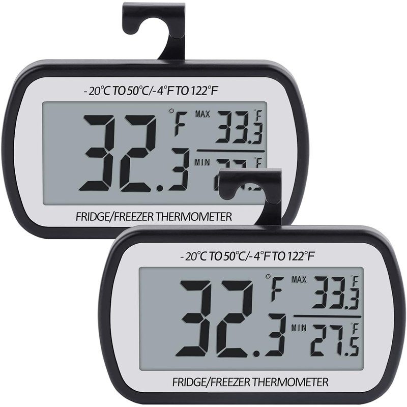 AEVETE Refrigerator Thermometer Digital Fridge Freezer Thermometer 2 Pack | Freezer Thermometer with Magnetic Back Large LCD, No Fills Easy to Read (Black)