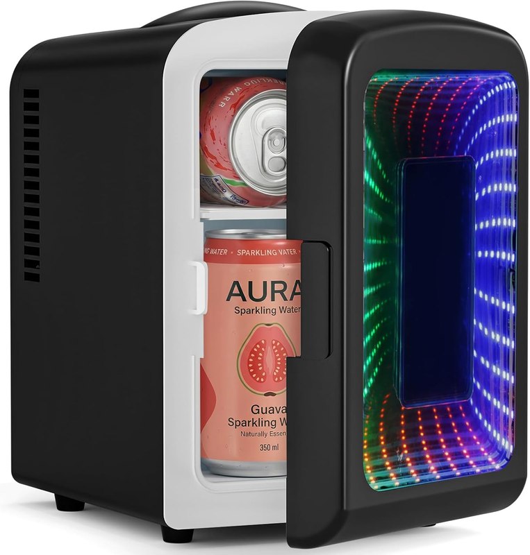 Antarctic Star Mini Fridge 4 Liter/6 Cans Portable Mini Compact Refrigerator with Gaming Light, for Bedroom,Car,Office and Dorm, Small Cooler for Cosmetics, Beverage and Food, Black