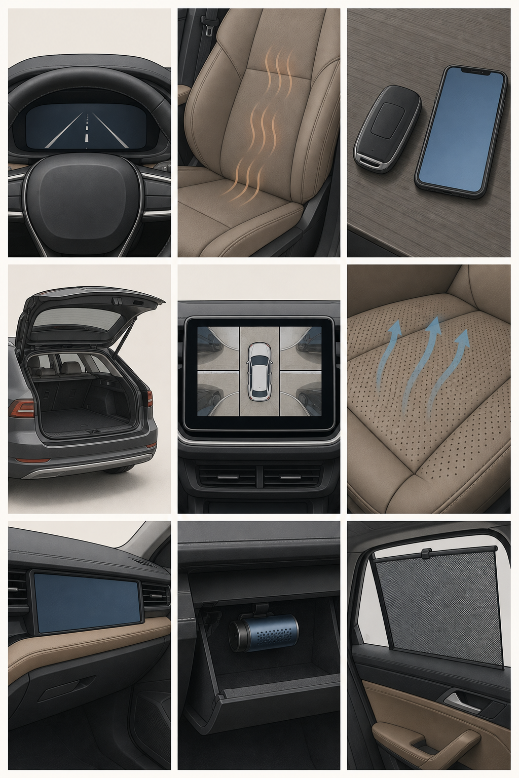 All nine modern car features shown together on one board.