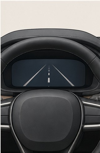 Illustration of a steering wheel with a lane-marking graphic on the display behind it.