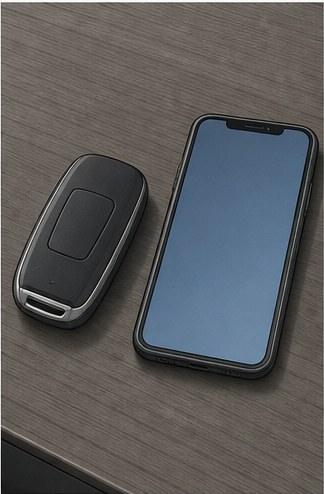 Illustration of a key fob beside a phone on a table.