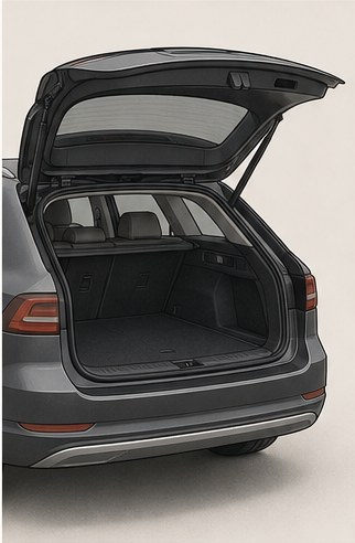 Illustration of a raised powered tailgate on an estate car.