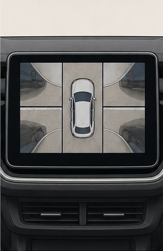 Illustration of a centre screen showing an overhead camera view of a car.