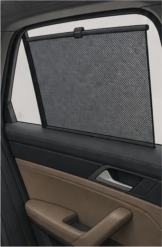Illustration of a rear side window with a mesh sun shade partly raised.