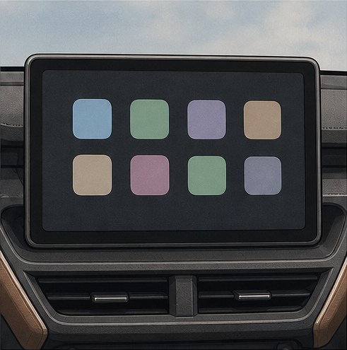 Illustration of a centre touchscreen showing a phone-mirroring app grid.