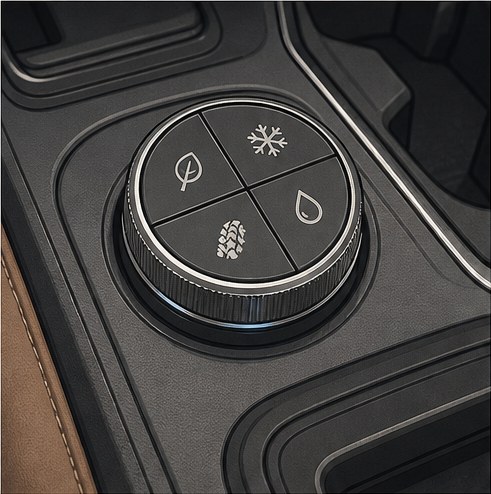 Illustration of a rotary drive-mode selector dial on a centre console.