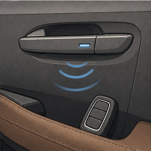 Illustration of a door handle with a proximity sensor and a key fob nearby.