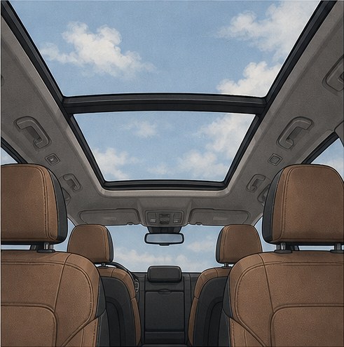 Illustration of a panoramic glass roof seen from inside the cabin.