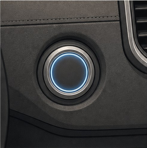 Illustration of a round engine start-stop button on a dashboard.