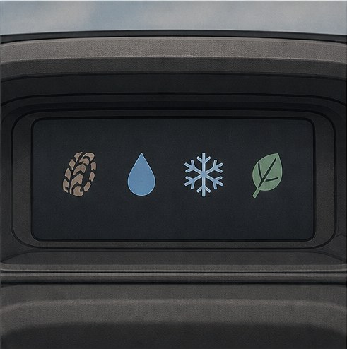 Illustration of a display showing mud, rain, snow and eco pictograms.