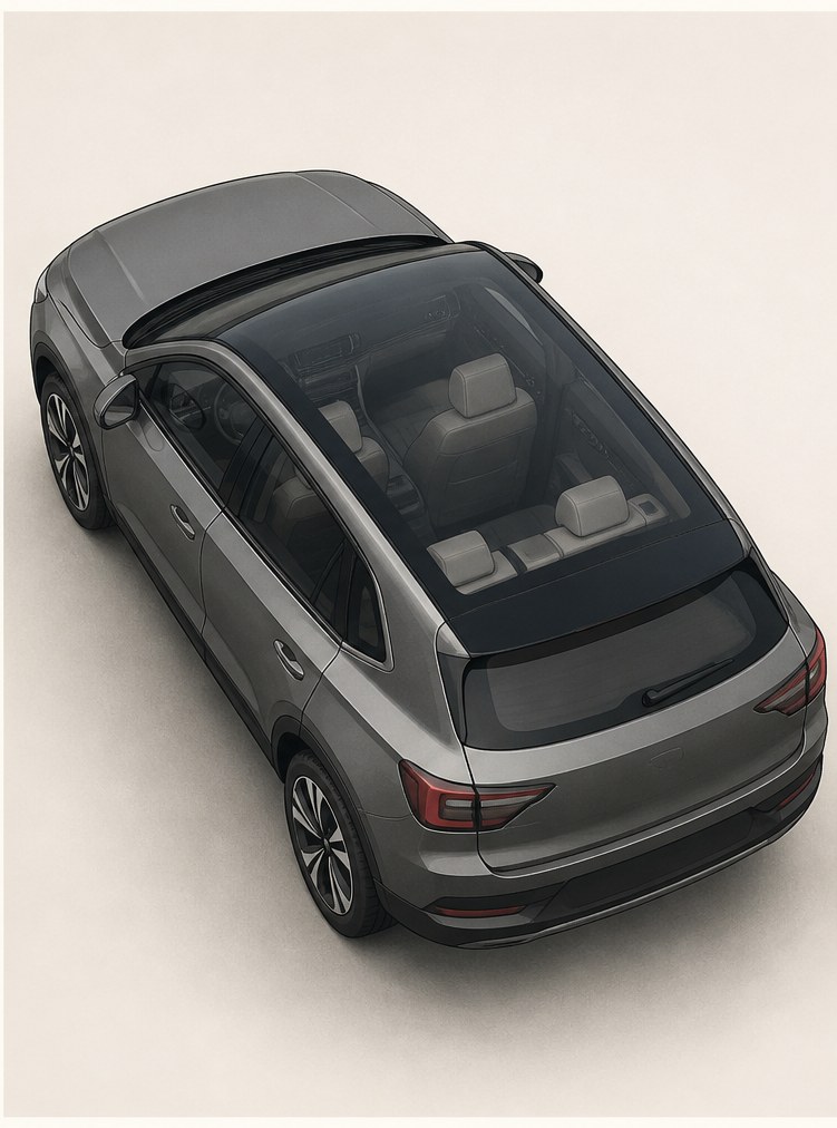 Illustration of a car roof with a full-length panoramic glass roof.