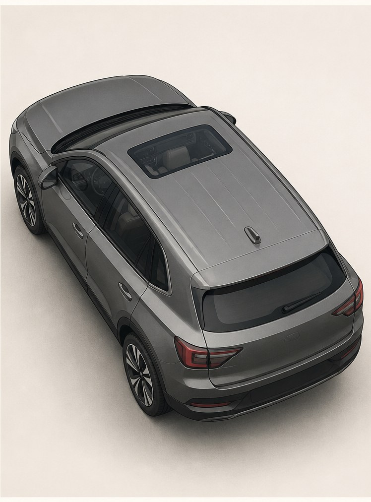 Illustration of a car roof with a small conventional sunroof above the front seats.