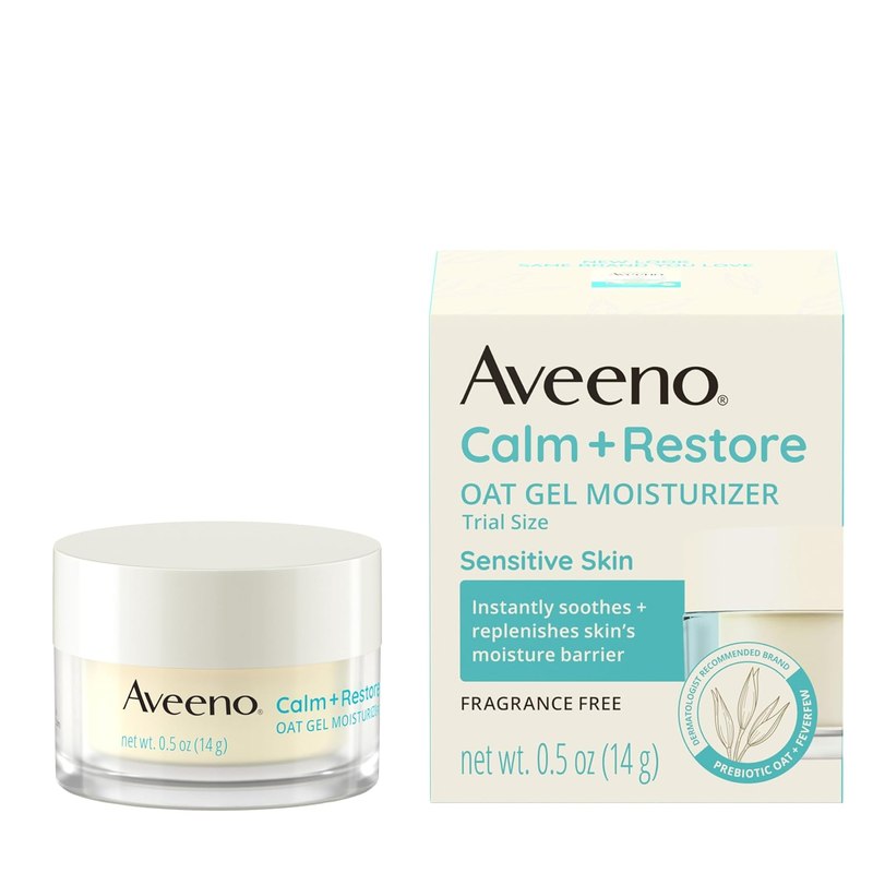 Aveeno Calm + Restore Oat Gel Facial Moisturizer, Fragrance-Free, 0.5 oz | Fast-Absorbing, Soothing Lightweight Gel Cream for Sensitive Skin, With Prebiotic Oat & Feverfew