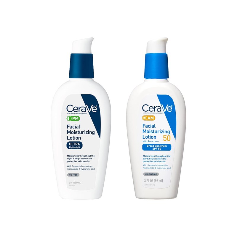 CeraVe PM Facial Moisturizing Lotion, 3 Ounce + AM Facial Moisturizing Lotion SPF 50, 3 Oz
