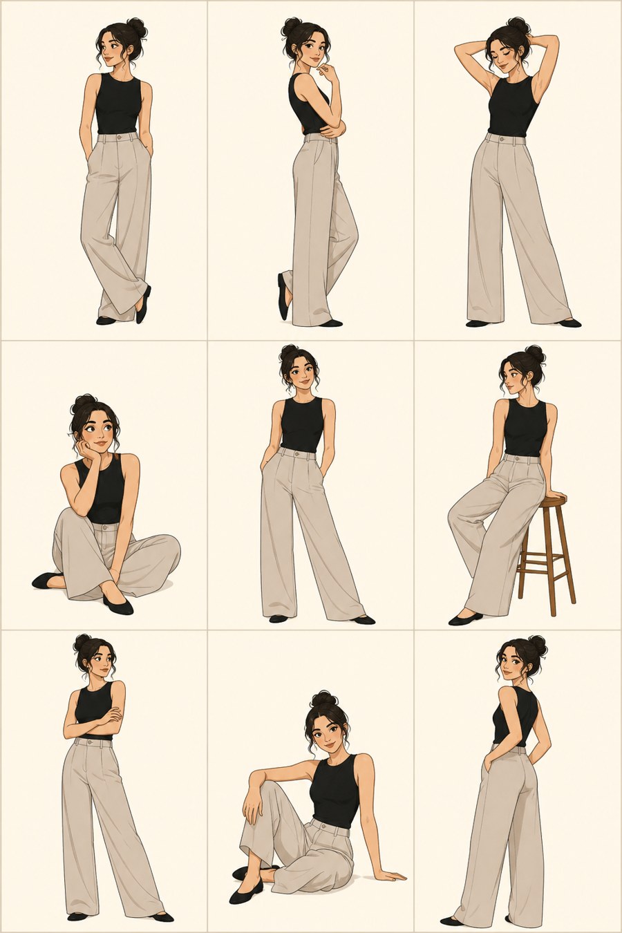 All nine drawn poses shown together on one board.