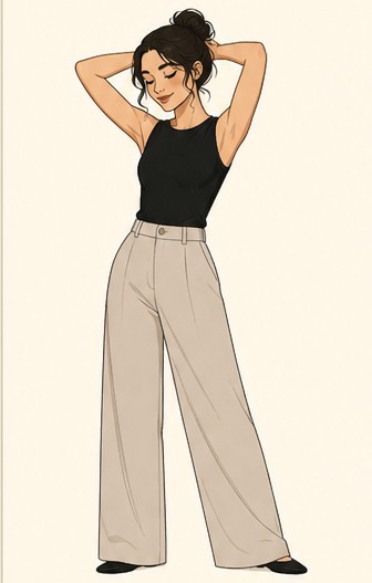 Drawn figure with both arms raised to the hair.