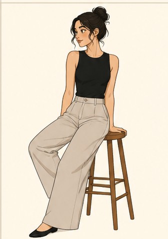 Drawn figure perched on a stool with one leg extended.