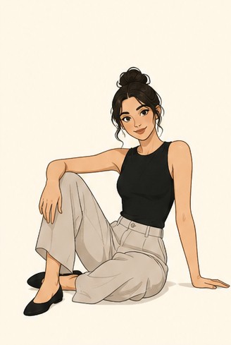 Drawn figure sitting on the floor with one knee raised, leaning back on a hand.