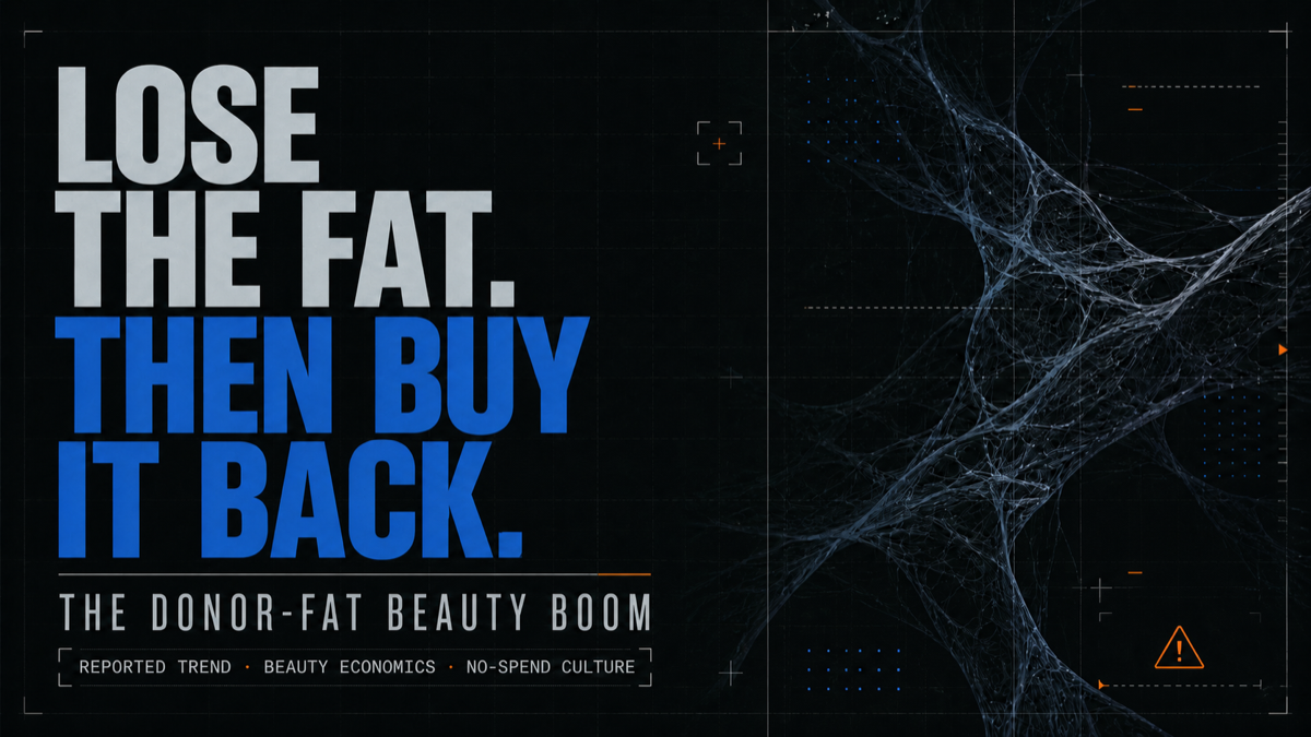 Abstract clinical editorial cover reading Lose the Fat. Then Buy It Back. The Donor-Fat Beauty Boom.