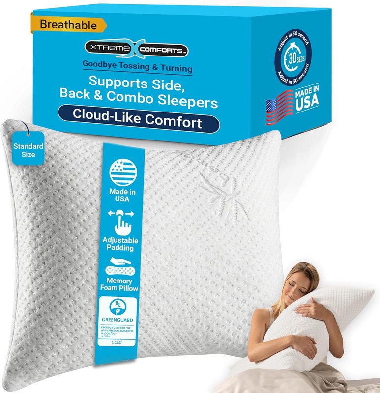 Xtreme Comforts Memory Foam Pillows | GREENGUARD Certified Adjustable Shredded Foam Fill for Personalized Support | Bed Pillows for Side, Back & Stomach Sleepers | Removable Cover | Standard Size