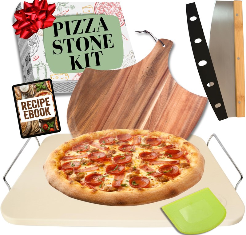 Pizza Stone for Oven and Grill Set - 5PCS Pizza Making Accessories Kit - 15 inch Pizza Stone with Handles, Pizza Peel, Pizza Cutter, Dough Tool - Baking Stone for Bread - Large Rectangular Oven Stones