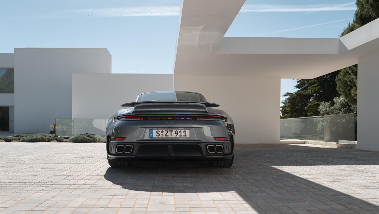 Rear view of the 2026 Porsche 911 Turbo S coupe.