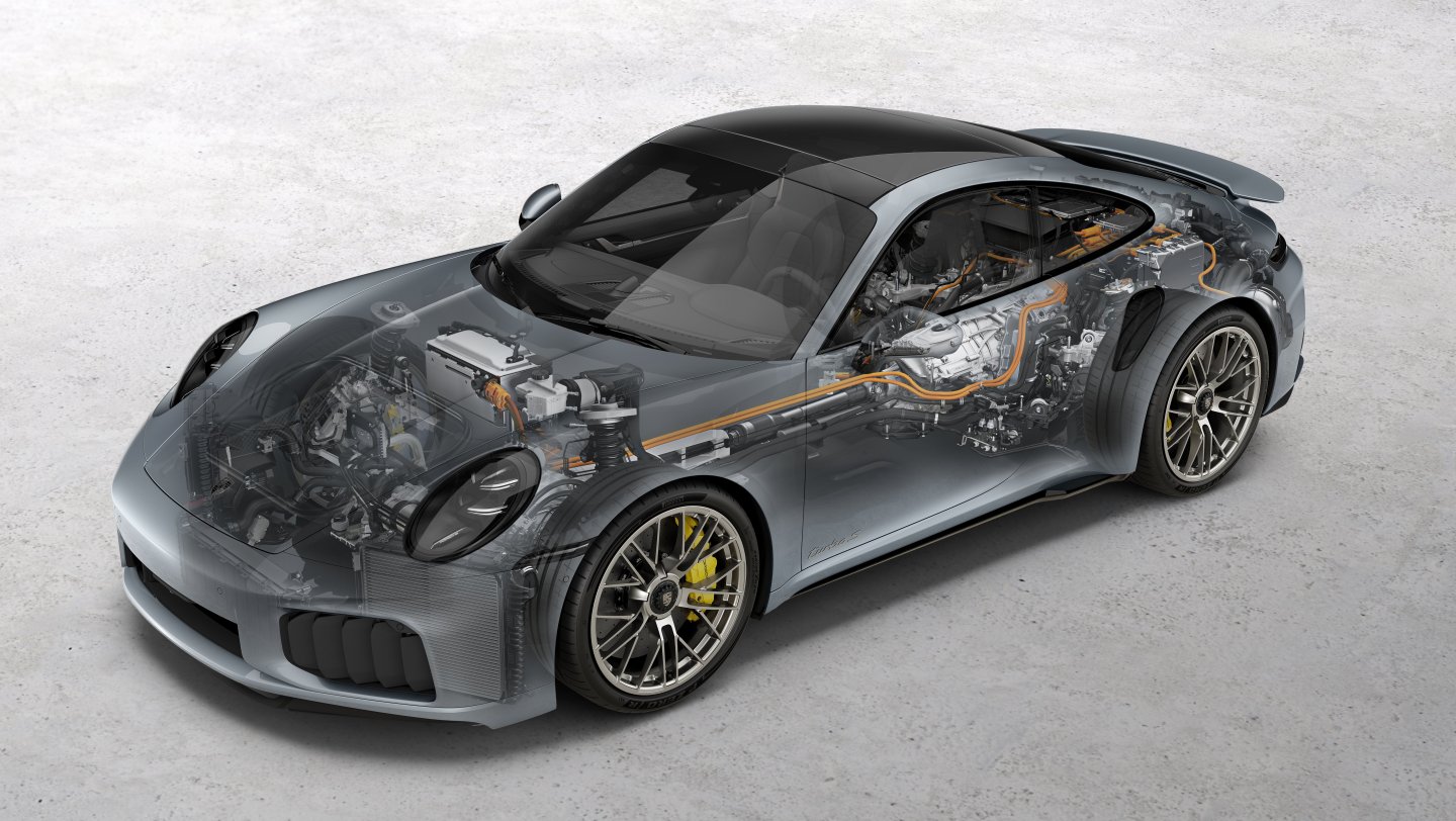Technical cutaway illustration of the 911 Turbo S showing its T-Hybrid drivetrain, electrically assisted turbochargers, and orange high-voltage wiring.