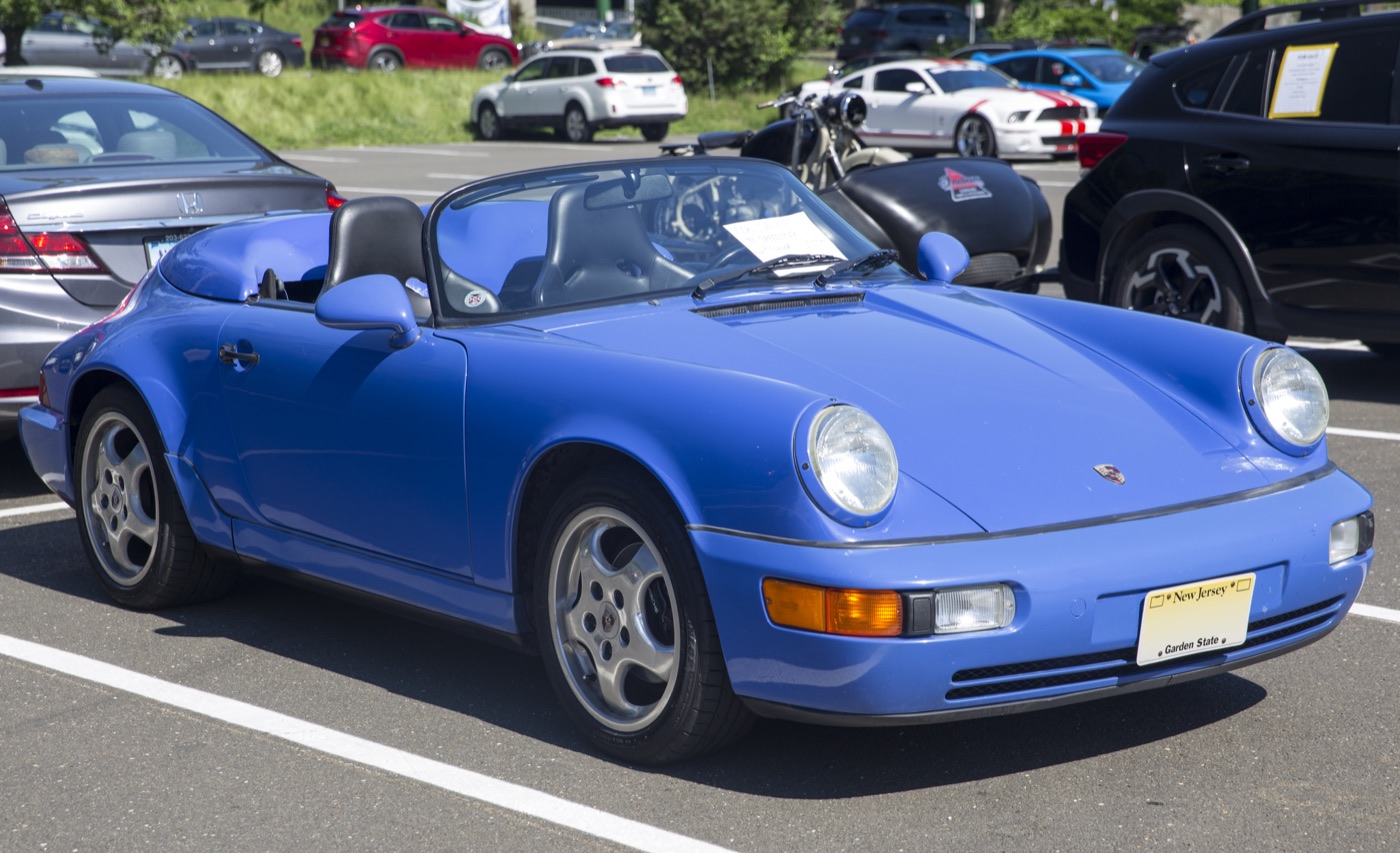 Porsche 964 Speedster, Maritime Blue, real photograph, Wikimedia Commons.