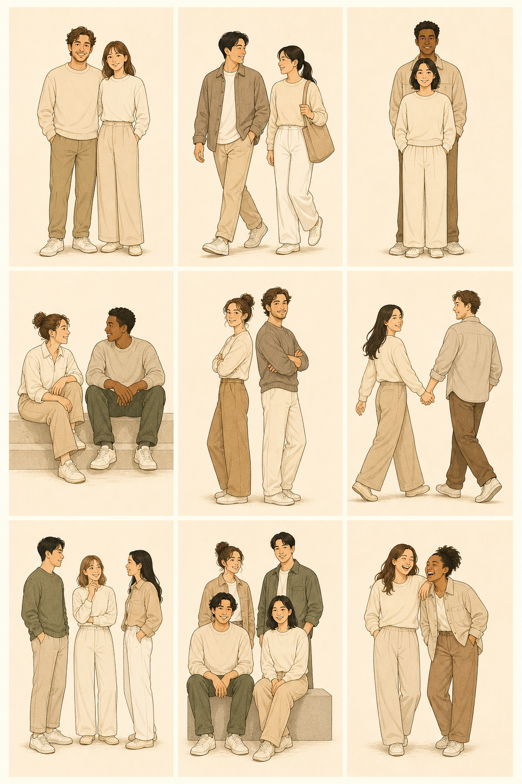 All nine two-person and group poses shown together on one board.