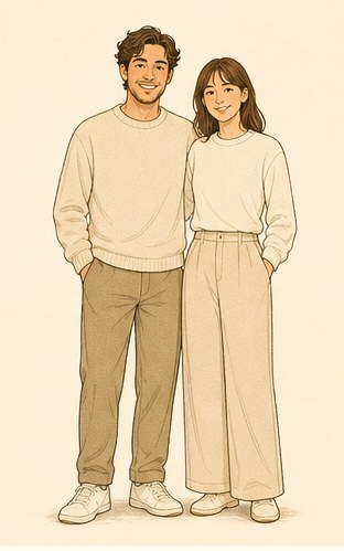 Drawing of two people standing side by side, shoulders touching.