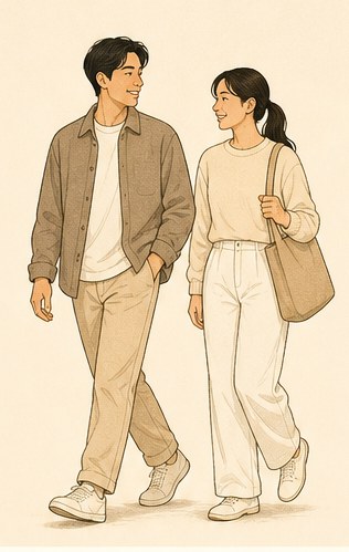 Drawing of two people walking together mid-stride.