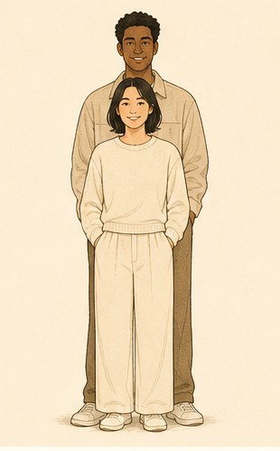 Drawing of one person standing behind the other, both facing forward.