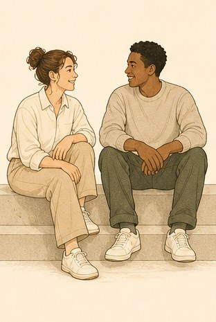 Drawing of two people seated on a low step, angled toward each other.
