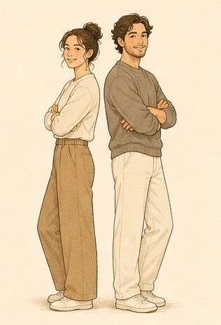 Drawing of two people standing back to back with arms folded.