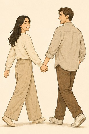Drawing of two people holding hands, one turning back.
