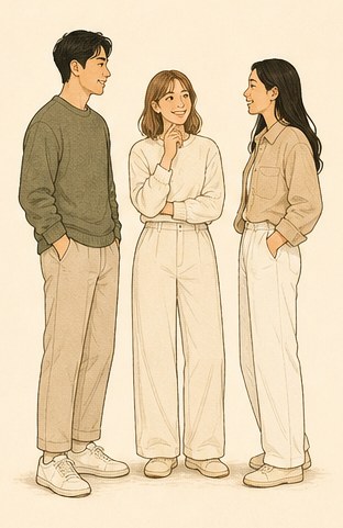 Drawing of three people standing in a loose triangle.